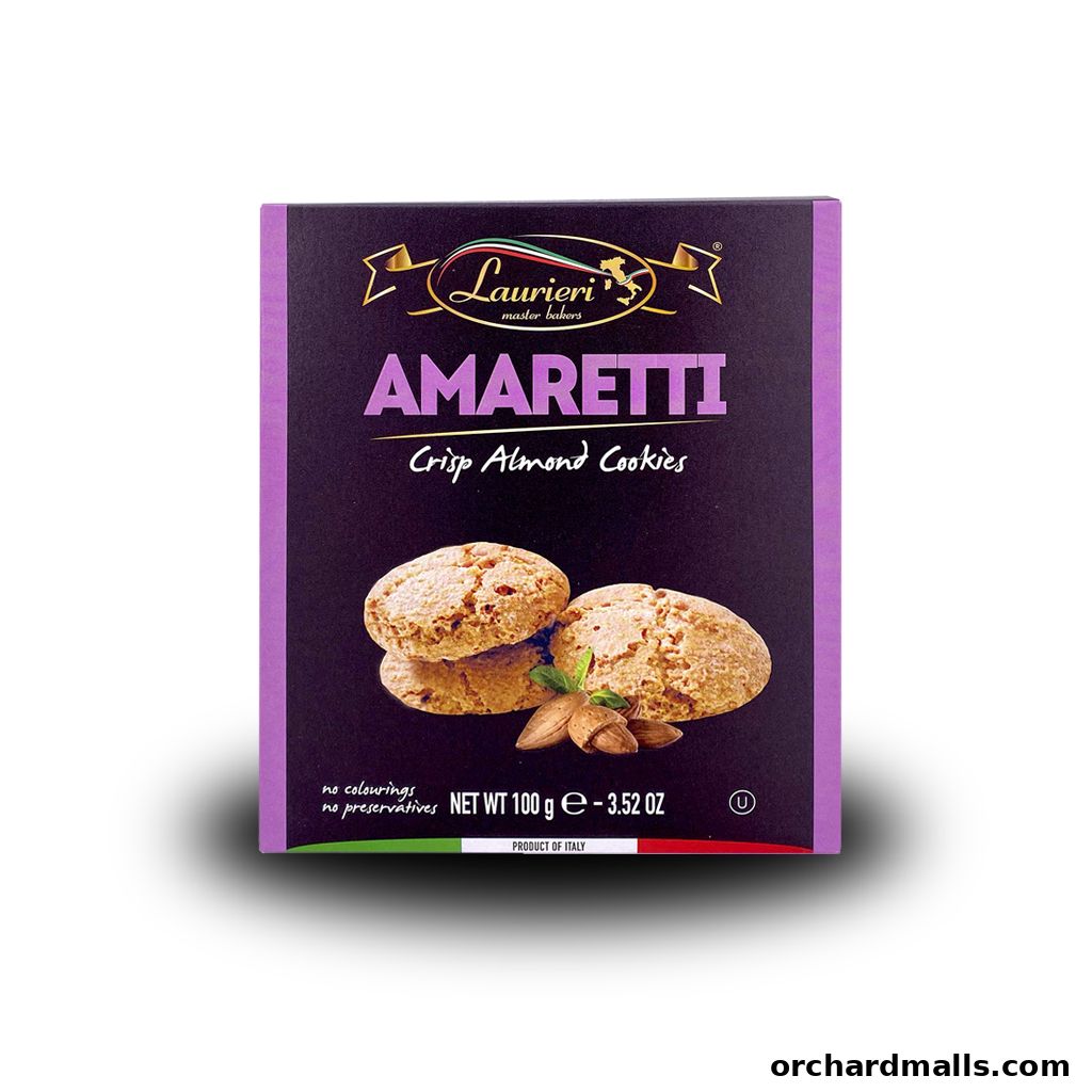 A box of Italian Amaretti crisp almond cookies from Laurieri master bakers.