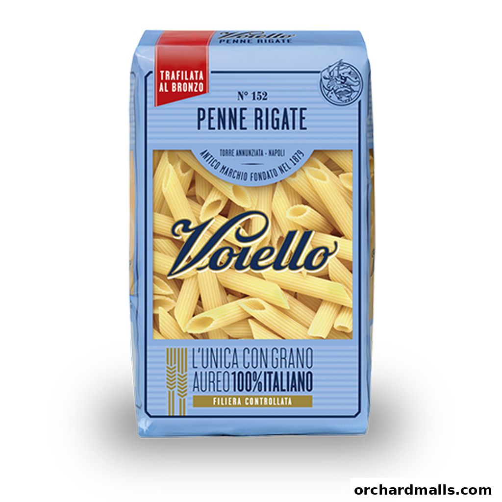 A package of Voiello Penne Rigate pasta, made with 100% Italian durum wheat.