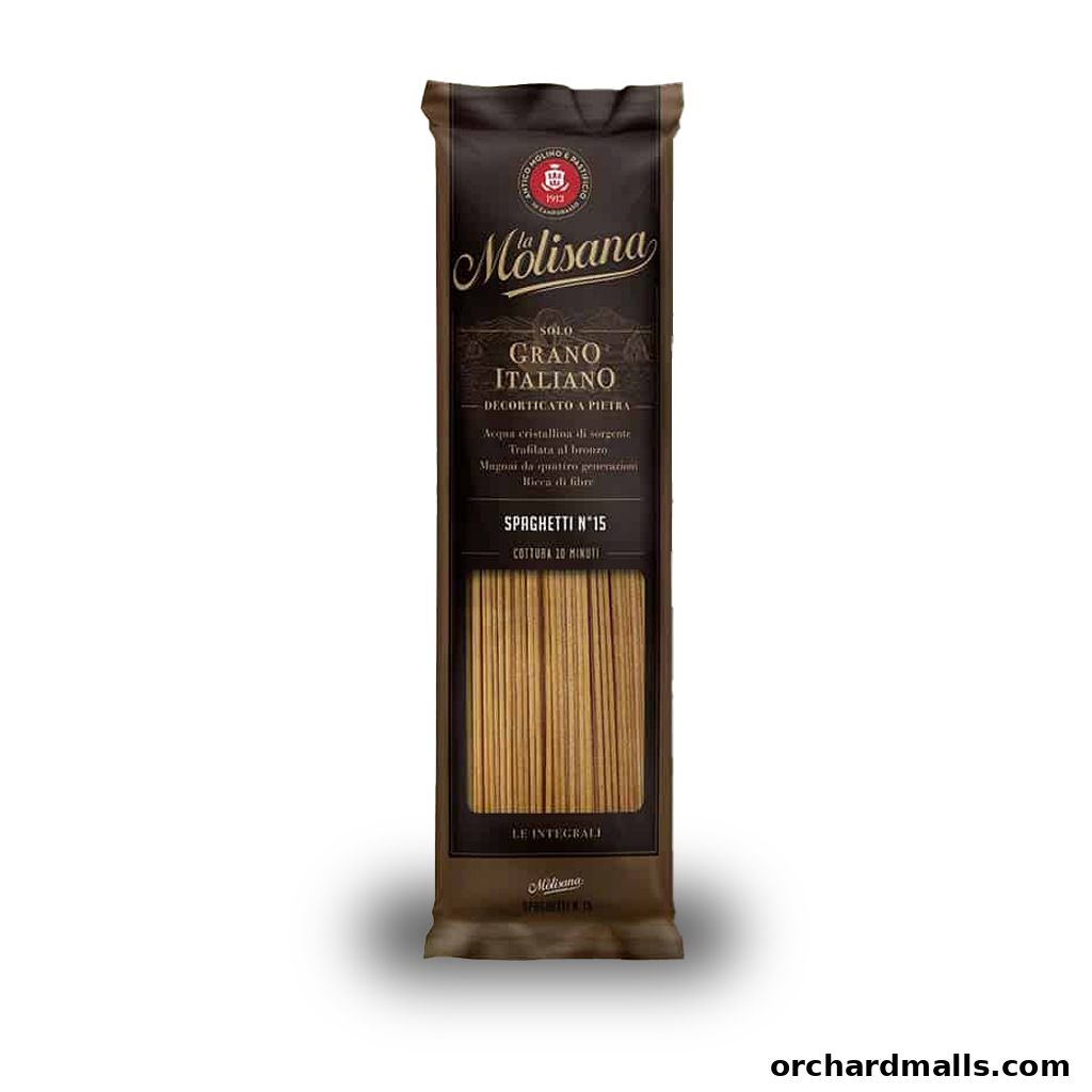 A package of Molisana whole wheat spaghetti, made with Italian grain and bronze-drawn.