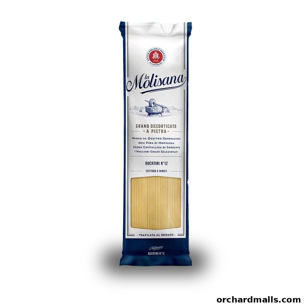 A package of La Molisana Bucatini N. 12 pasta, made with stone-ground durum wheat.