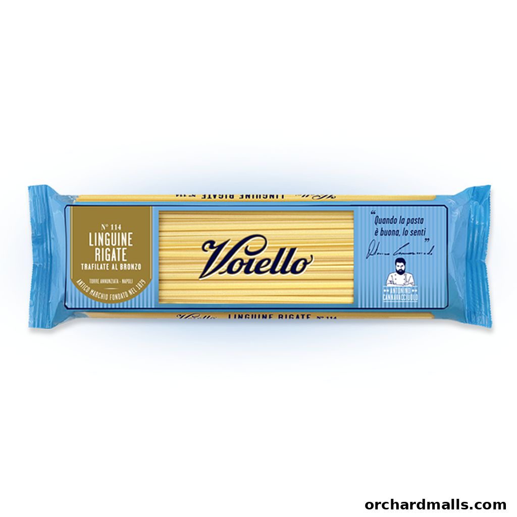A package of Voiello Linguine Rigate pasta, with Italian text and branding.