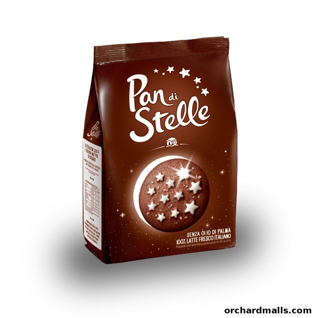 A bag of Pan di Stelle cookies with a starry night design and a cookie in the center.