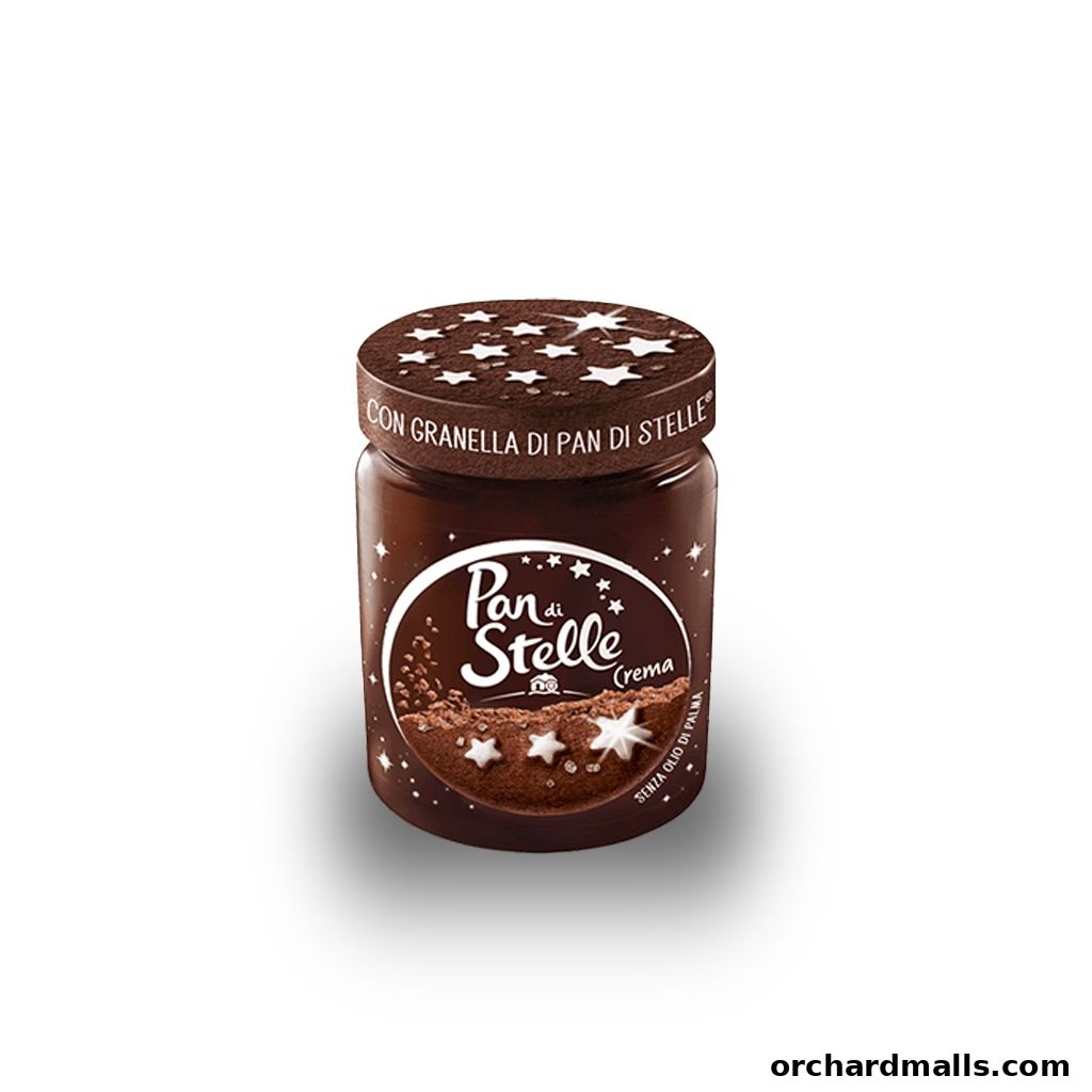 A jar of Pan di Stelle chocolate spread with star-shaped pieces.