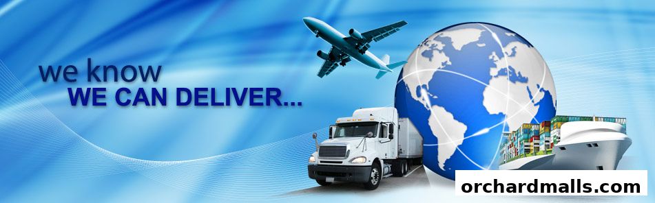 An advertisement for a logistics company showing an airplane, truck, ship, and globe.