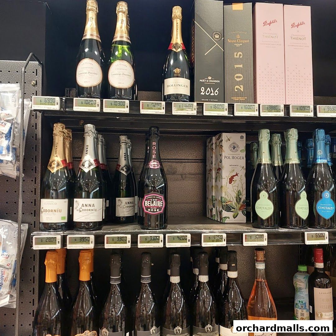 A display of various champagne and sparkling wine bottles on shelves, with price tags visible.