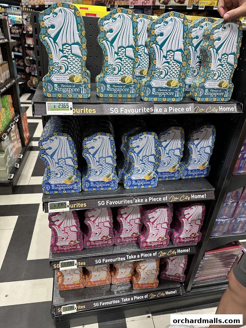 Shelves display various Singapore-themed souvenir cookies shaped like the Merlion.