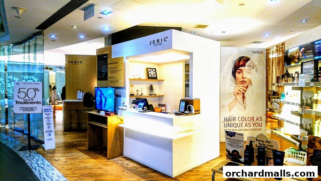 Interior view of JERIC SALON, showcasing a reception desk, product displays, and promotional signage.