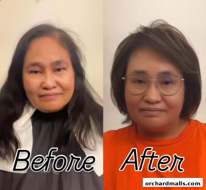 A split image showing a woman's hair transformation from long to short.