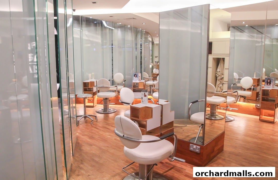 Interior of a modern salon with styling chairs, mirrors, and wooden floors.