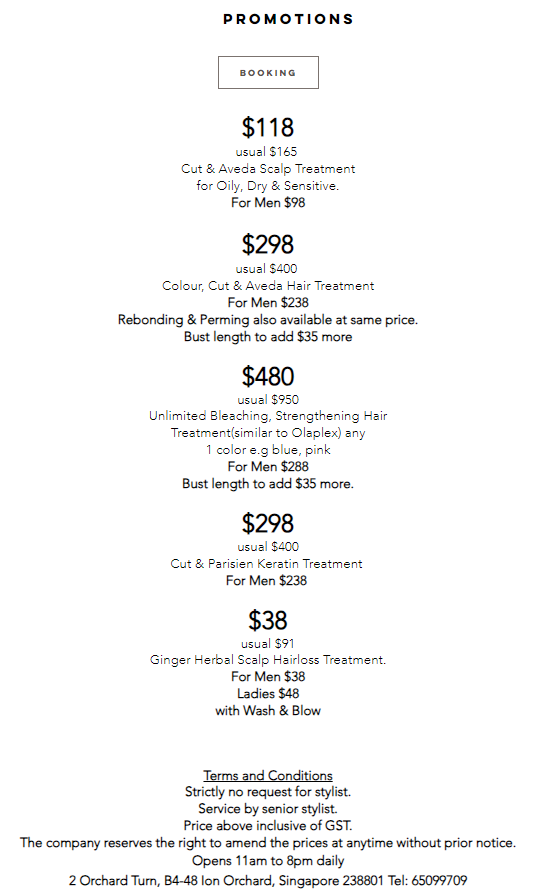 Menu page for JERIC SALON