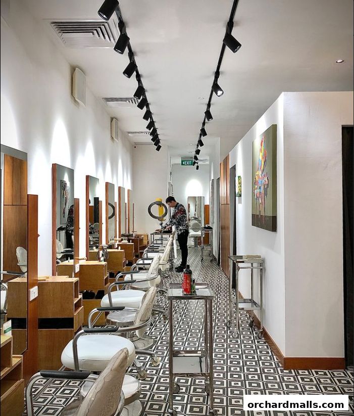 Interior view of a modern salon with stylist chairs, mirrors, and a stylist working.