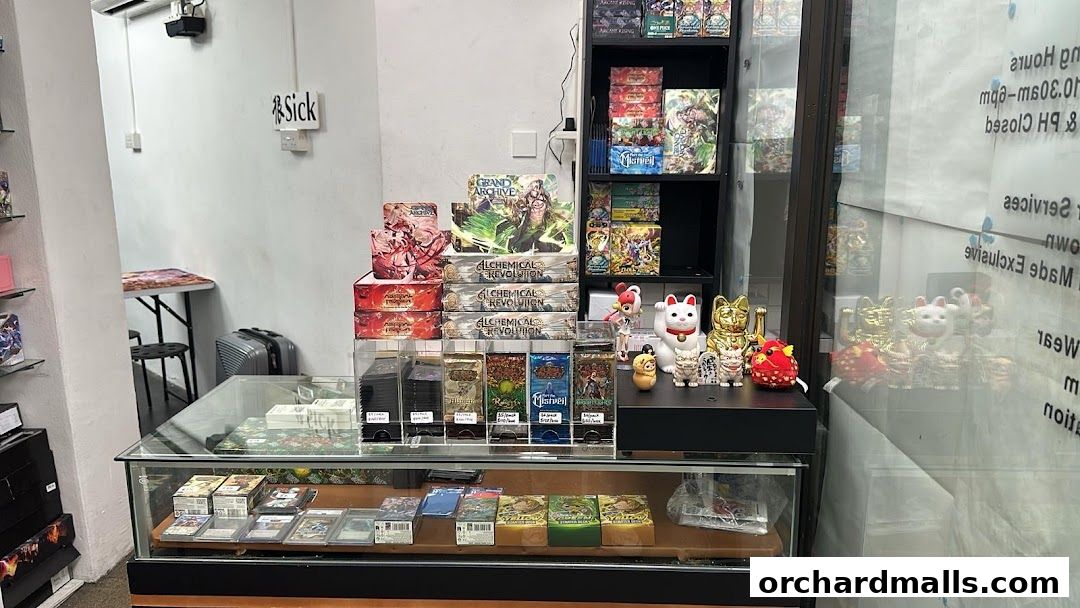 A retail shop interior displaying trading cards, booster packs, and collectible figurines.