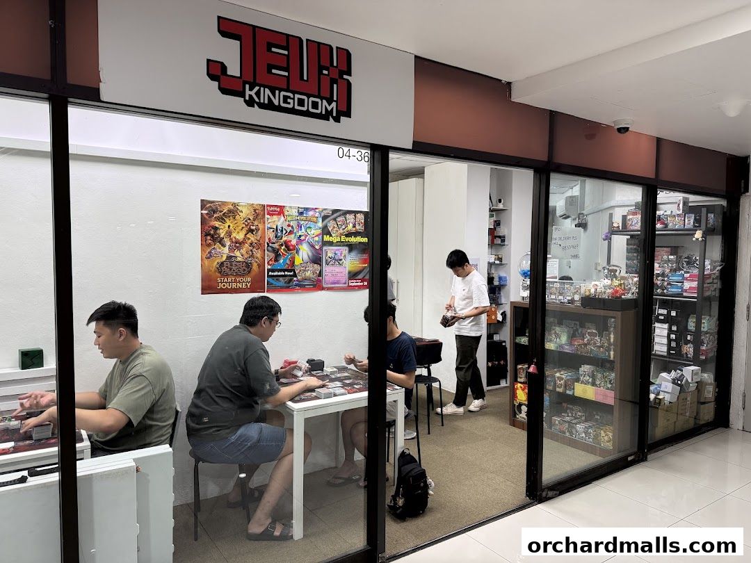 People playing card games inside a shop called Jeux Kingdom, with shelves of merchandise visible.