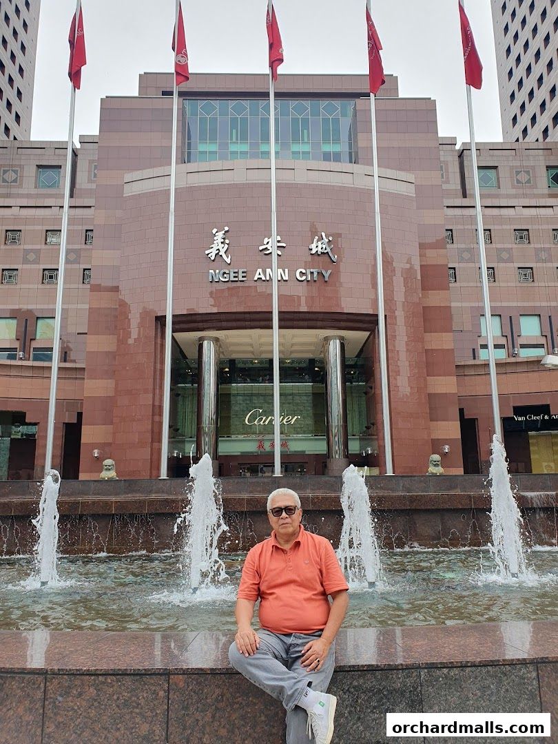 A man sits by a fountain in front of the Ngee Ann City building with Cartier visible.