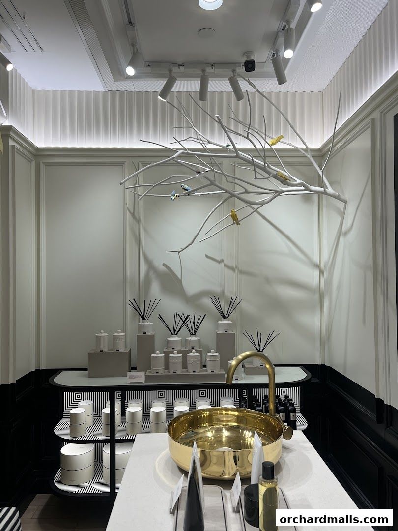 Interior of a Jo Malone London shop featuring diffusers, candles, and a decorative tree with birds.