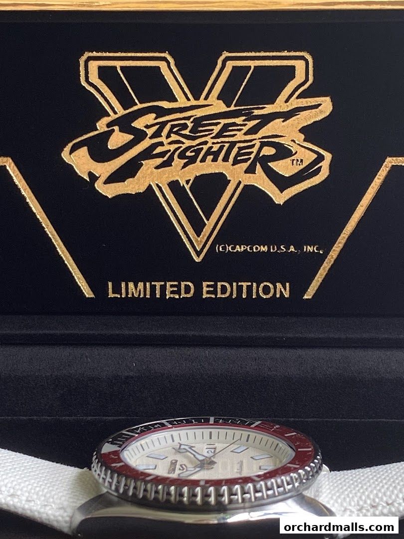 A limited edition Street Fighter V watch with a white strap.