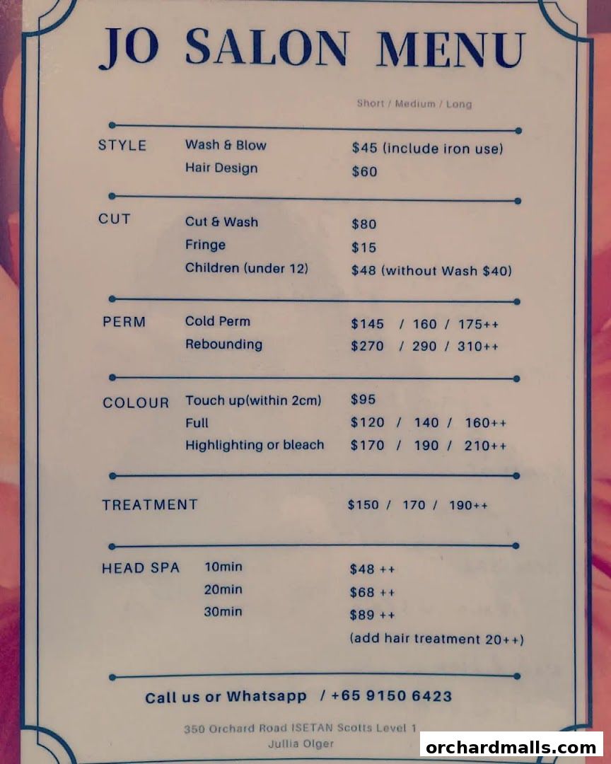 Menu page for Jullia Olger Isetan Scotts Japanese Leading Wig Brand