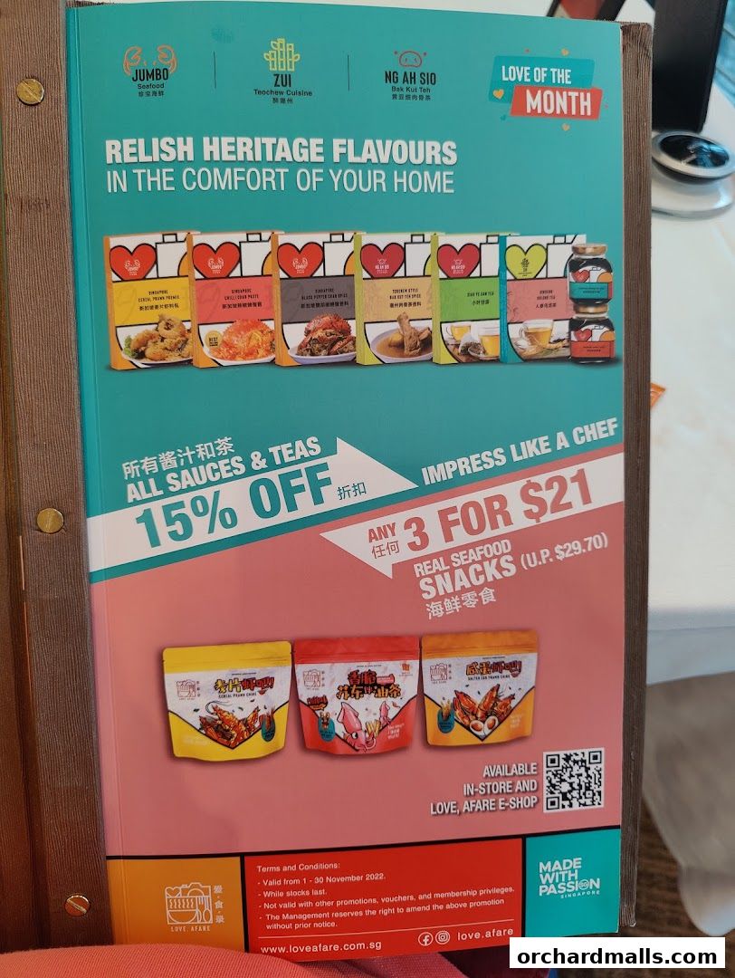 A menu promoting JUMBO Seafood's heritage flavors and snacks with discounts.