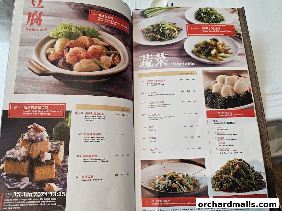 A menu page from JUMBO Seafood featuring beancurd dishes and vegetable stir-fries.