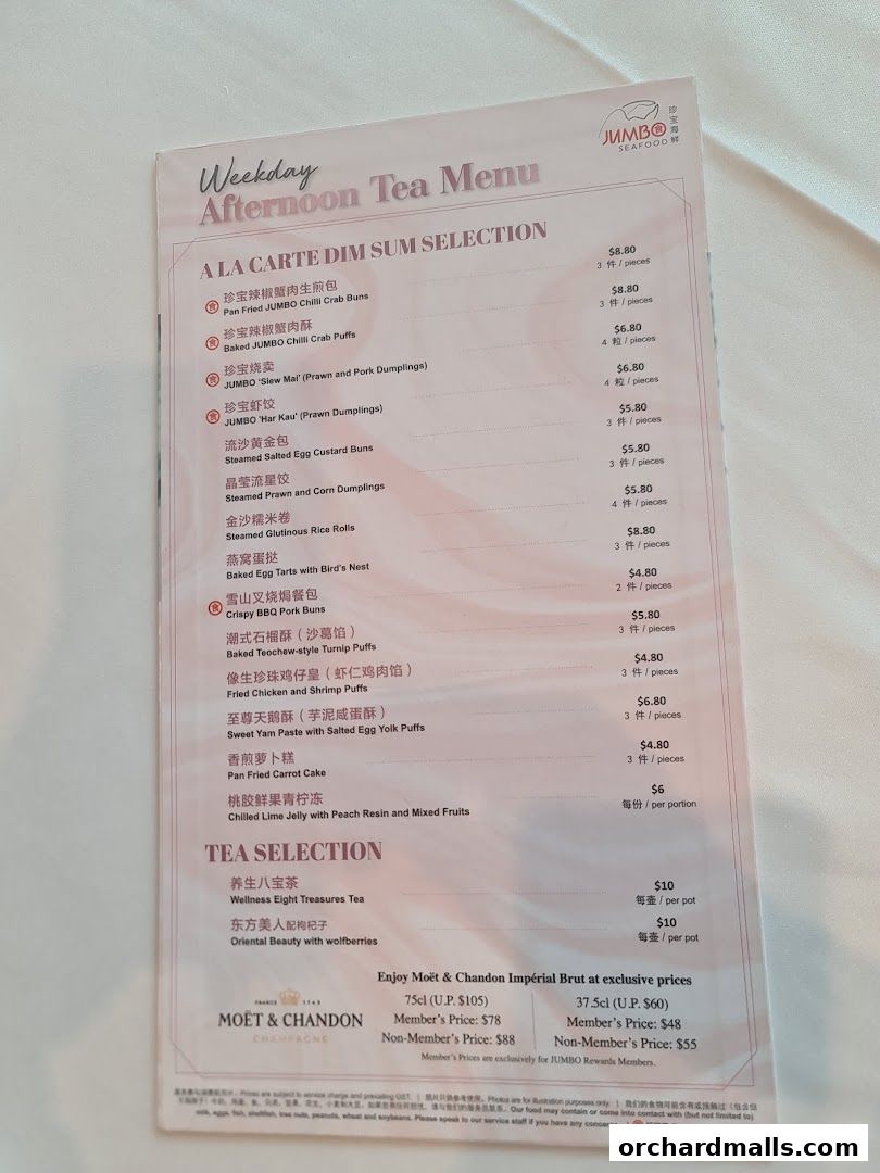 A menu for JUMBO Seafood's Weekday Afternoon Tea, featuring dim sum and tea selections.