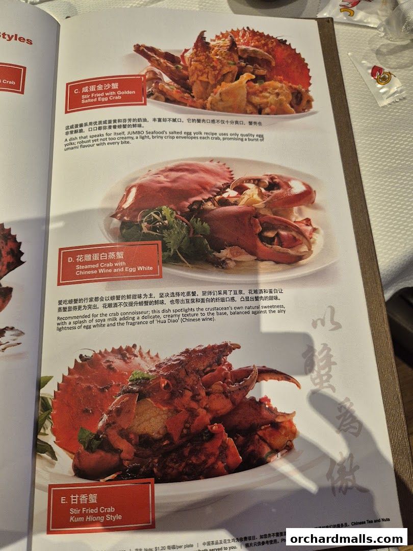 A menu page showcasing three different crab dishes with detailed descriptions and images.