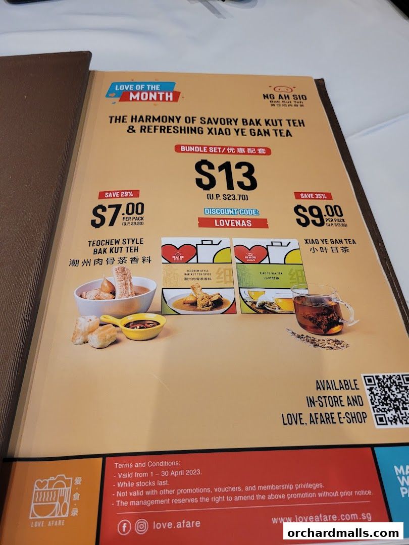 A menu promotion for JUMBO Seafood featuring Bak Kut Teh and Xiao Ye Gan Tea.