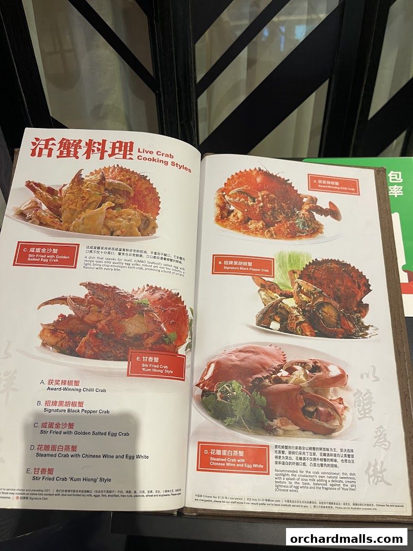 A menu showcasing various live crab cooking styles with appetizing images and descriptions.