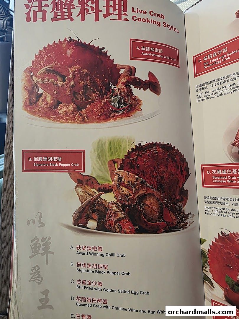A menu showcasing various live crab cooking styles with appetizing images.