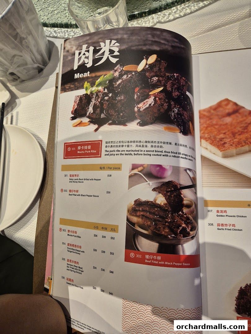 A menu page from JUMBO Seafood featuring meat dishes with enticing descriptions and prices.
