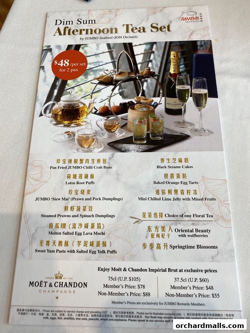 A menu for JUMBO Seafood's Dim Sum Afternoon Tea Set, featuring various dim sum items and Moët & Chandon.