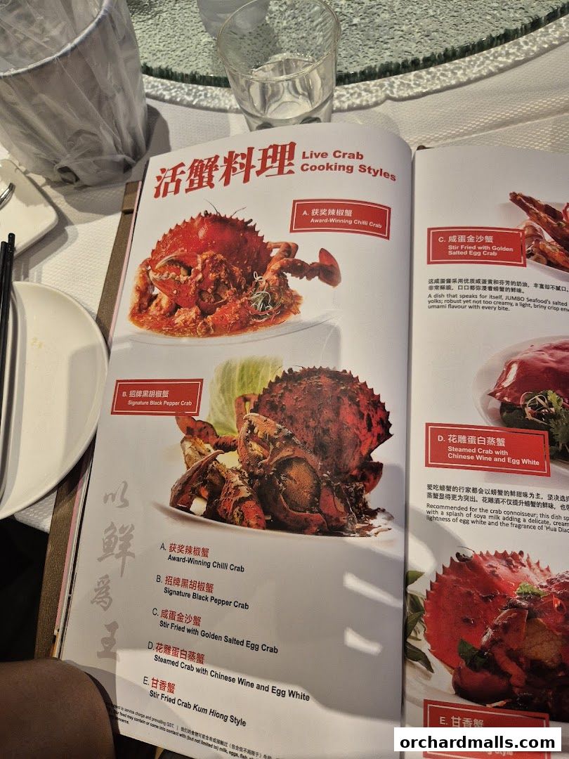 A menu showcasing various live crab cooking styles with appetizing images.