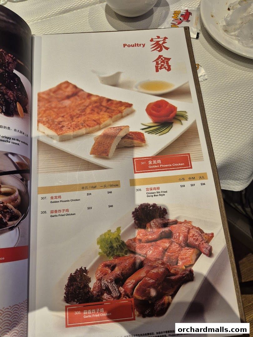A menu page showcasing poultry dishes with images and prices.