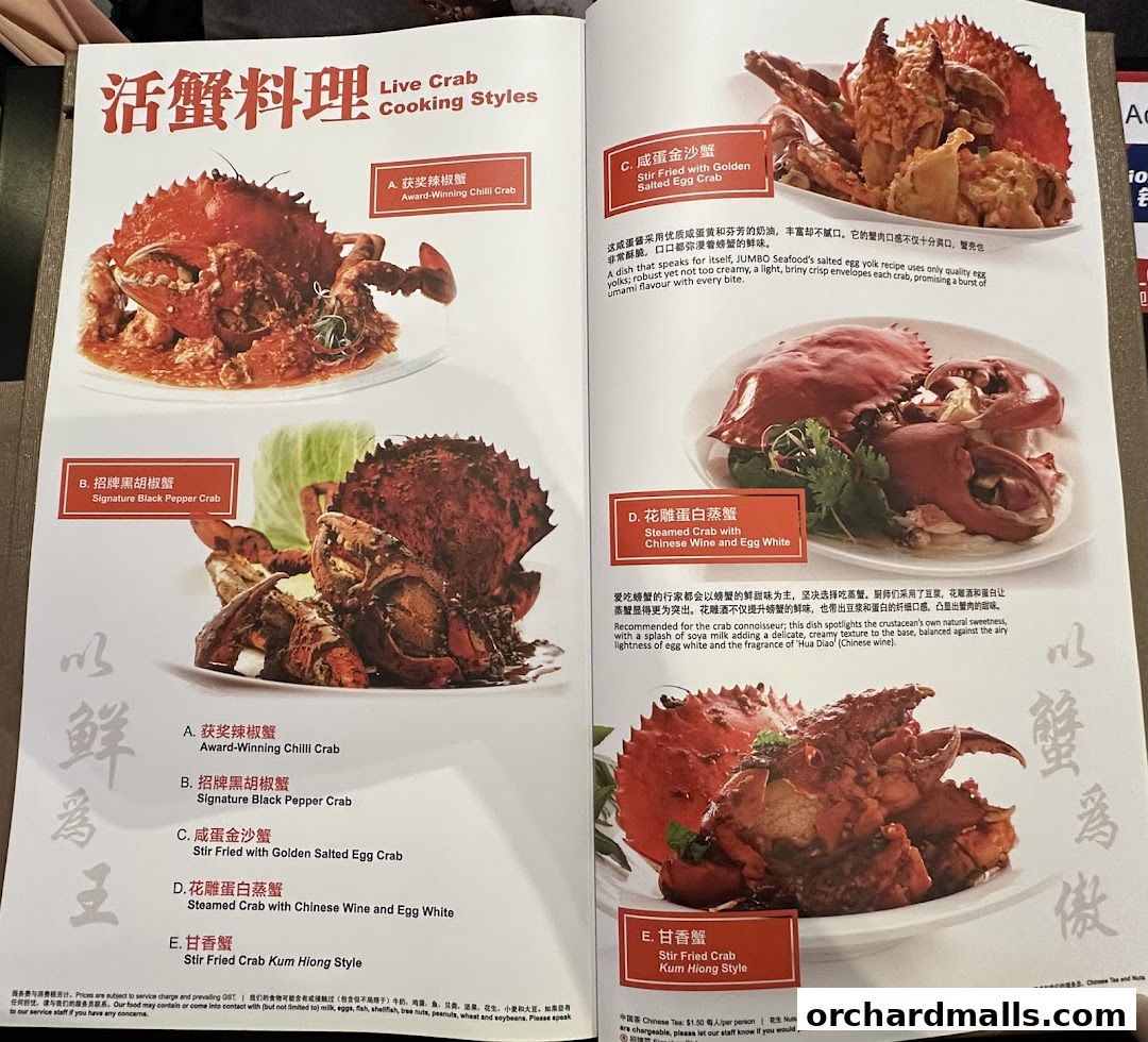 A menu showcasing various crab dishes with enticing images and descriptions.