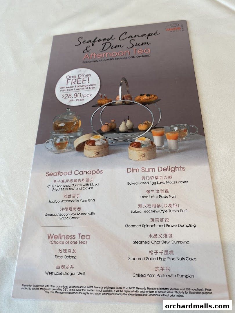 A menu for JUMBO Seafood's Afternoon Tea featuring Seafood Canapés and Dim Sum Delights.
