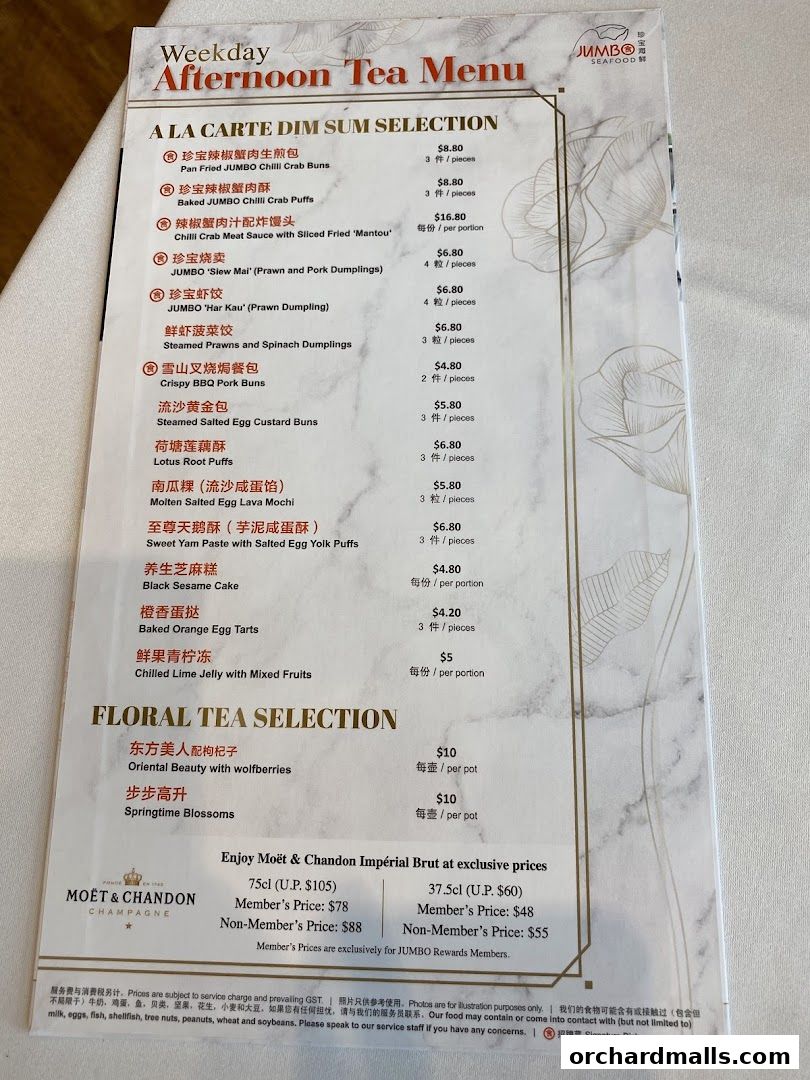 A menu for JUMBO Seafood's Weekday Afternoon Tea, featuring dim sum and floral tea selections.
