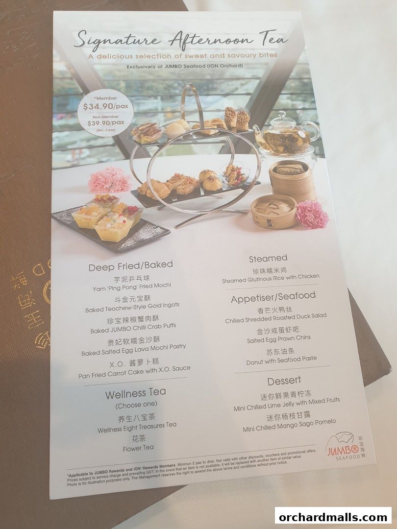 A menu for JUMBO Seafood's Signature Afternoon Tea, featuring sweet and savory bites.