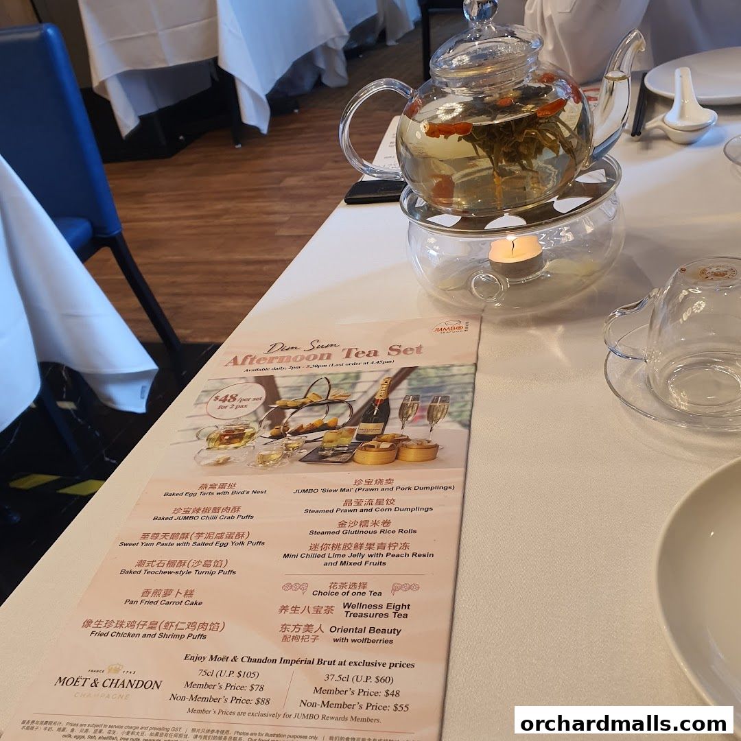 A menu for JUMBO Seafood's Dim Sum Afternoon Tea Set with Moët & Chandon.