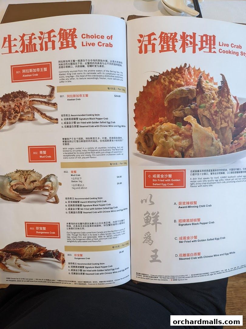 A menu from JUMBO Seafood featuring live crab dishes with descriptions and prices.