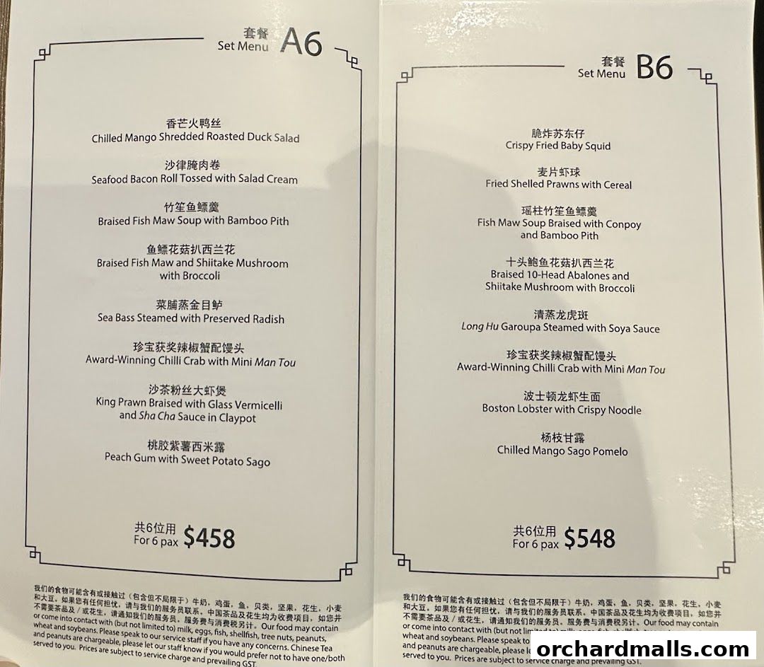 A menu from JUMBO Seafood showing two set menus with Chinese and English descriptions and prices.