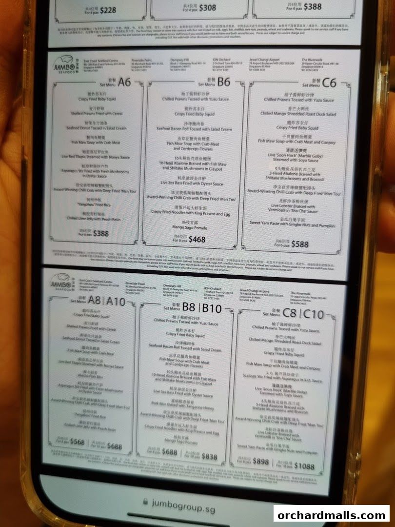 A close-up of a phone screen displaying various set menus from JUMBO Seafood.