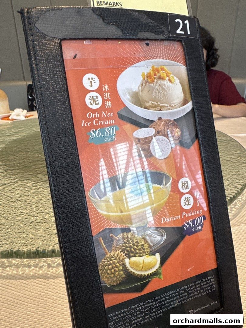 A menu featuring Orh Nee Ice Cream and Durian Pudding from JUMBO Seafood.