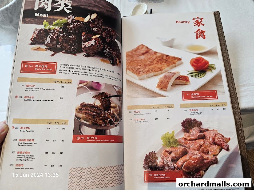 A menu from JUMBO Seafood featuring meat and poultry dishes with enticing descriptions and prices.