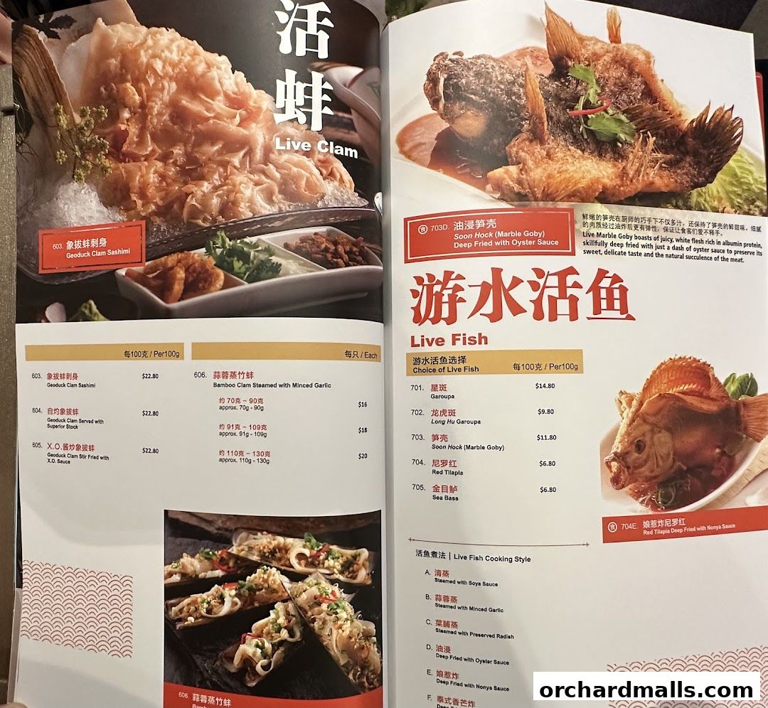 A menu from JUMBO Seafood featuring live clam and live fish dishes with prices.