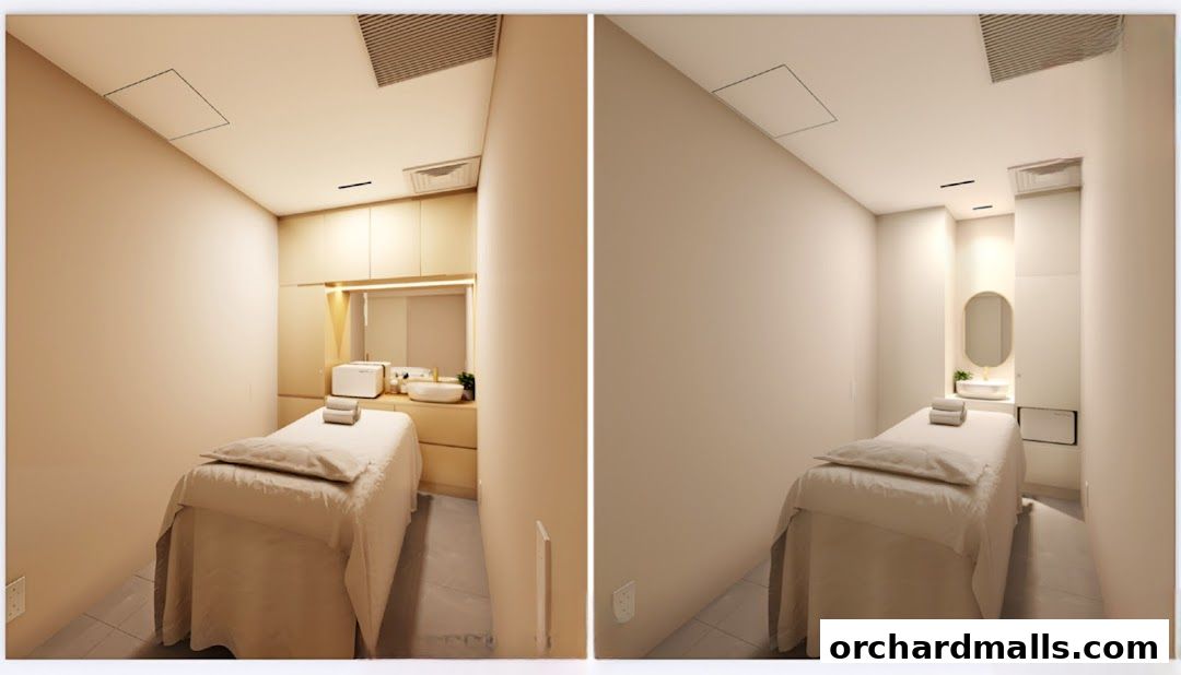 Interior view of a clean and serene spa room with a massage bed and vanity.