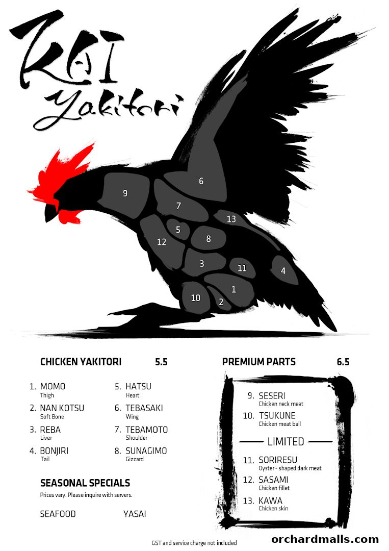 A menu for KAI Yakitori featuring chicken parts and premium cuts with prices.