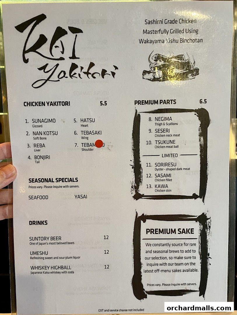 A menu for KAI Yakitori featuring chicken skewers, premium parts, drinks, and sake.