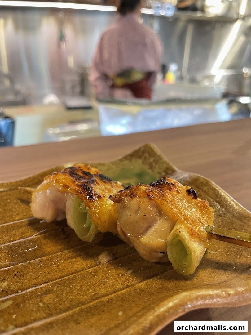 Two skewers of grilled chicken yakitori with green onions on a textured plate.