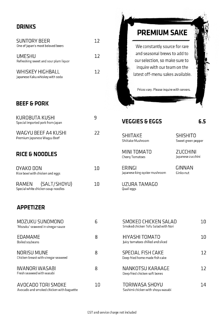 Menu page for KAI Yakitori