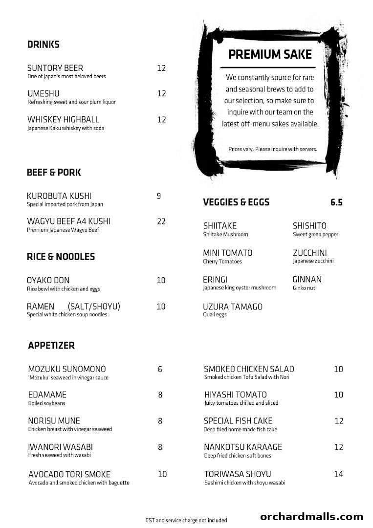 A menu for KAI Yakitori featuring drinks, beef, pork, rice, noodles, appetizers, veggies, and eggs.