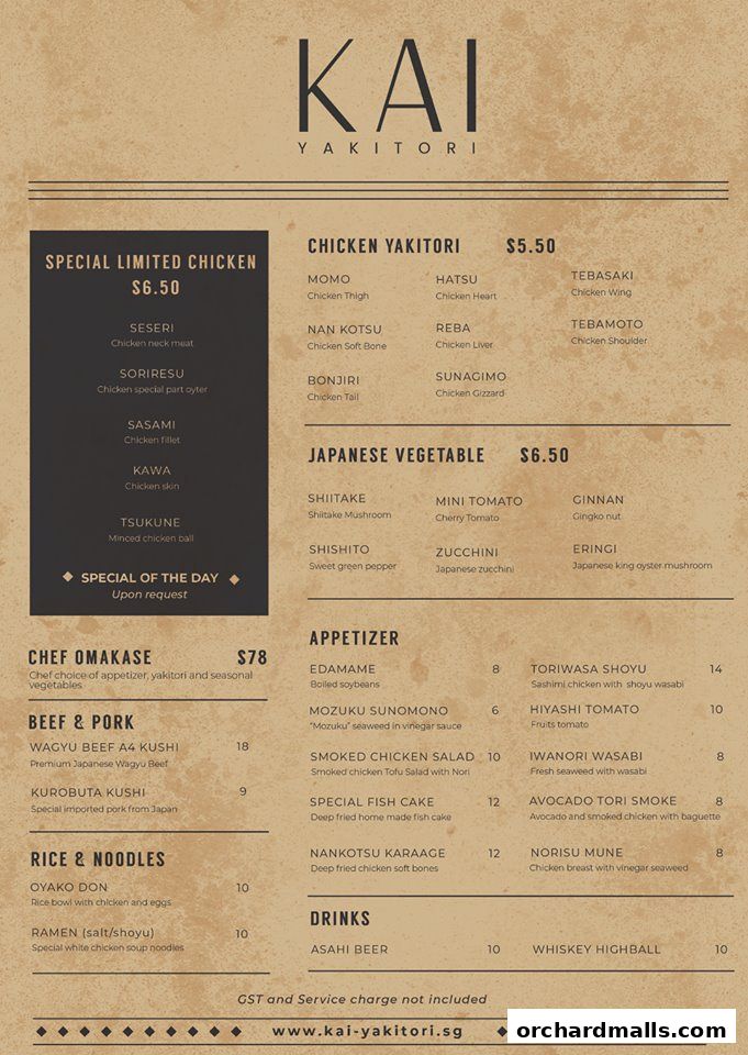 A menu for KAI Yakitori featuring chicken, beef, pork, rice, noodles, appetizers, and drinks.